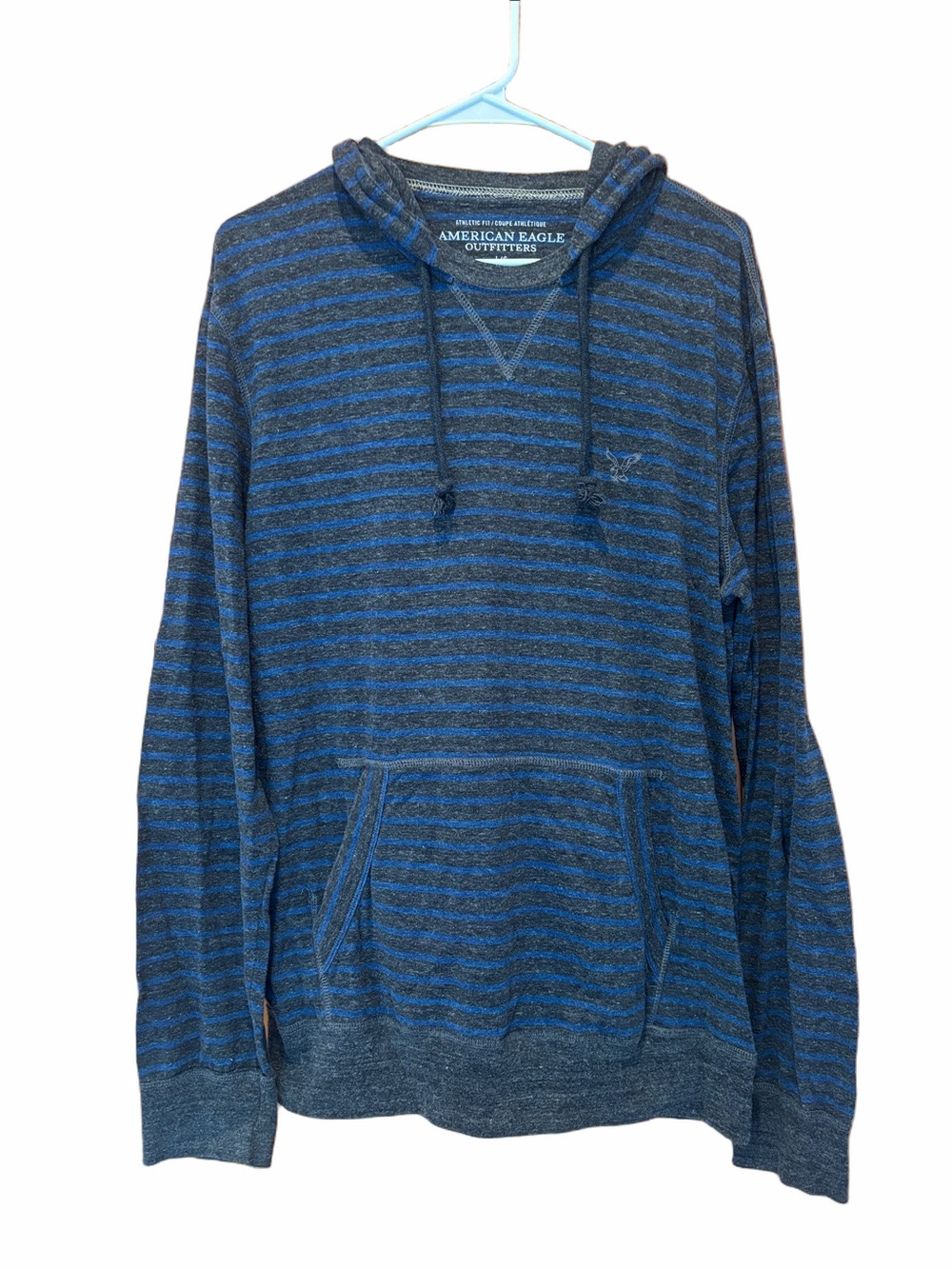American Eagle Men's Gray & Blue Striped Hooded Long Sleeve T Shirt Size Large